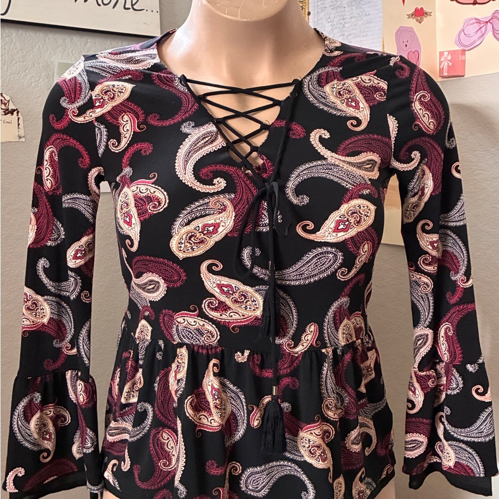 White House Black Market Black Paisley Lace-Up Peplum Tunic